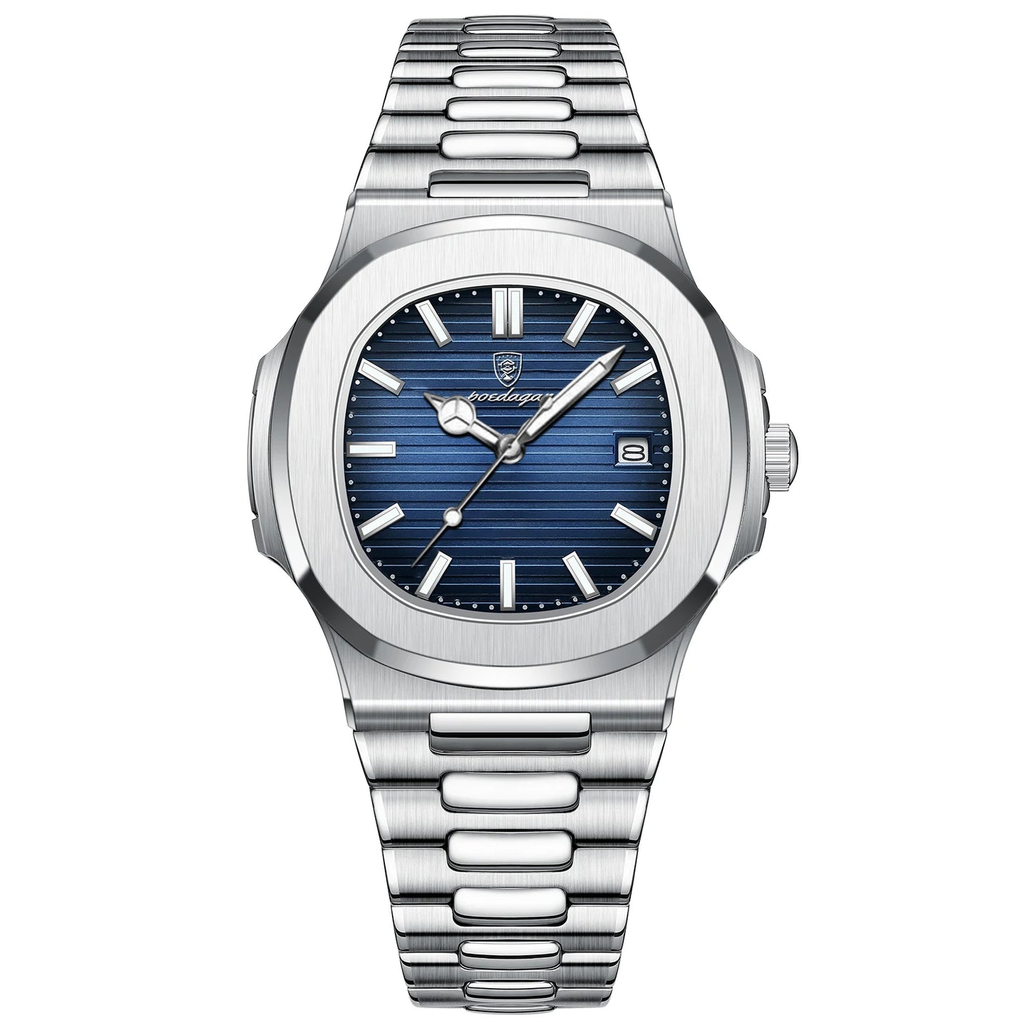 Square Luxury 40mm Montre Chronographe Carrée Homme avec un cadran bleu et un bracelet en acier.