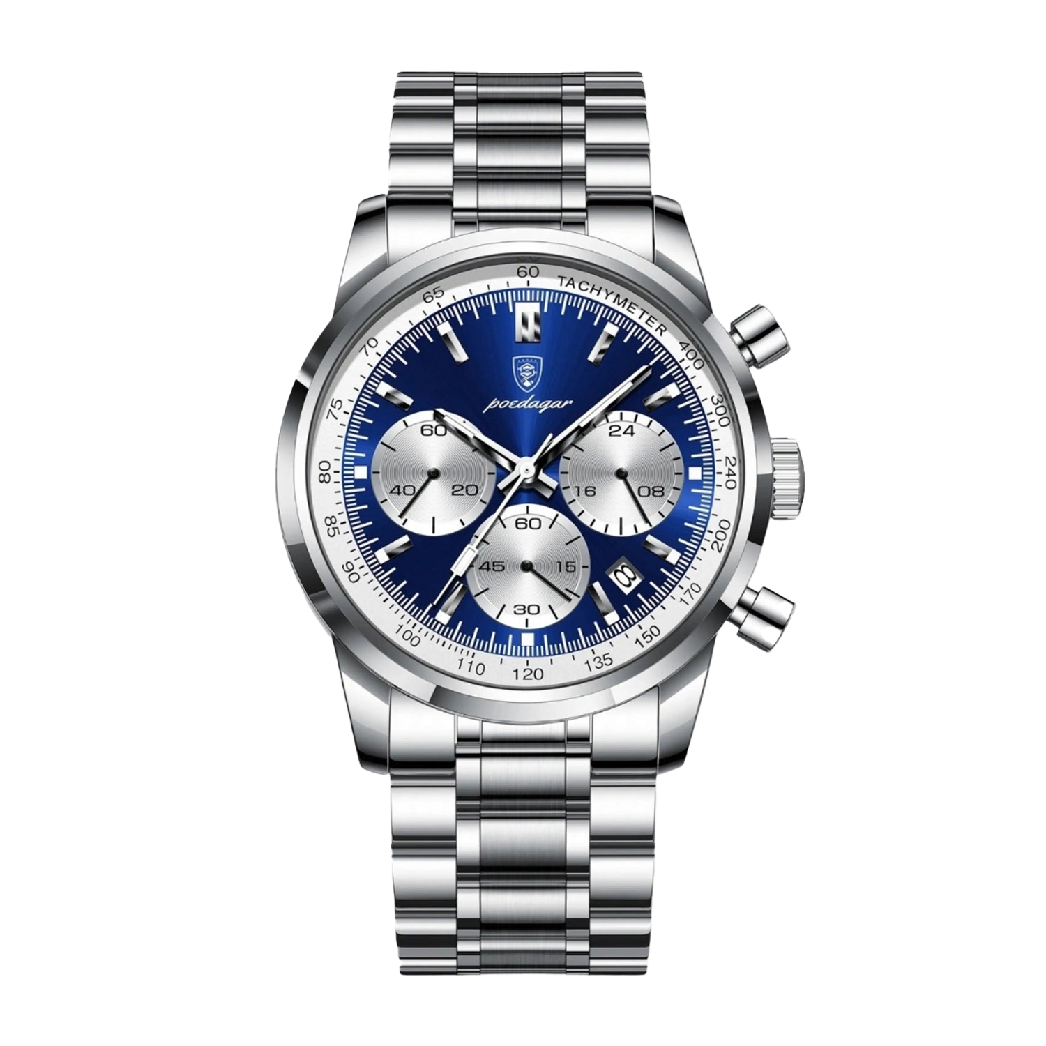 Montre Apex 40mm élégante avec cadran bleu et bracelet en acier inoxydable, idéale pour un style moderne.