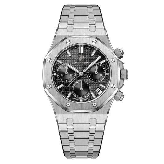 Serenade – Montre Chronographe 42mm | Audace & Précision sur bracelet en acier inoxydable avec cadran noir.