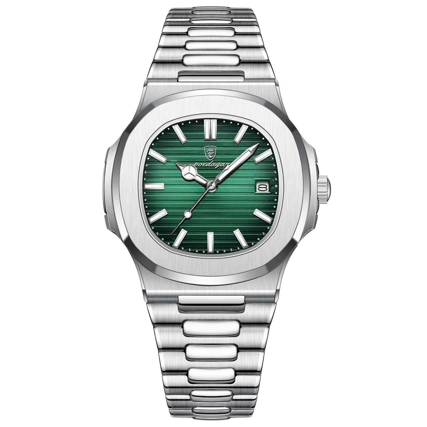 Square Luxury 40mm Montre Chronographe Carrée Homme avec cadran vert et bracelet en acier inoxydable.