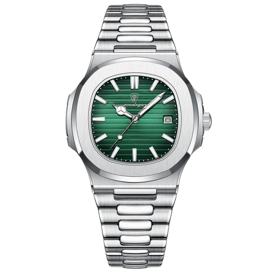 Square Luxury 40mm Montre Chronographe Carrée Homme avec cadran vert et bracelet en acier inoxydable.