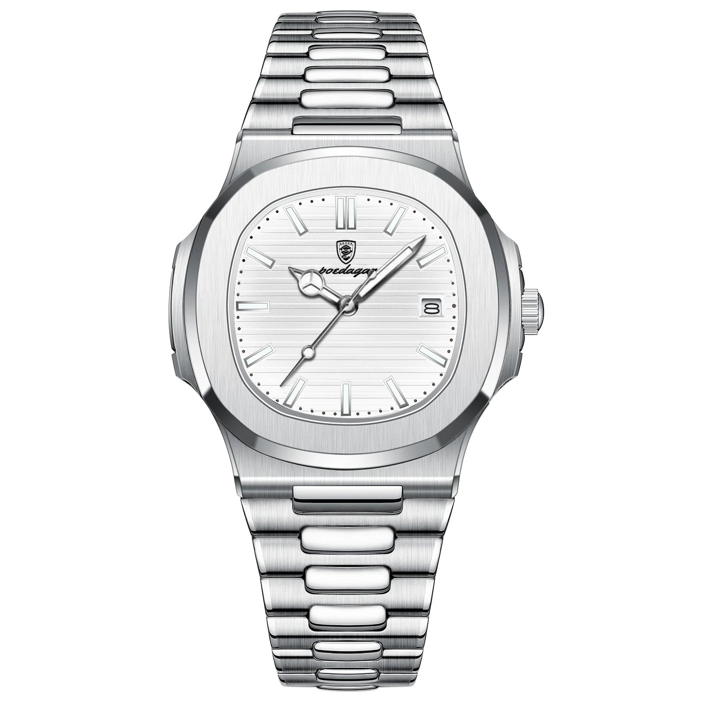 Square Luxury 40mm Montre Chronographe Carrée Homme en acier inoxydable avec cadran blanc et bracelet élégant.