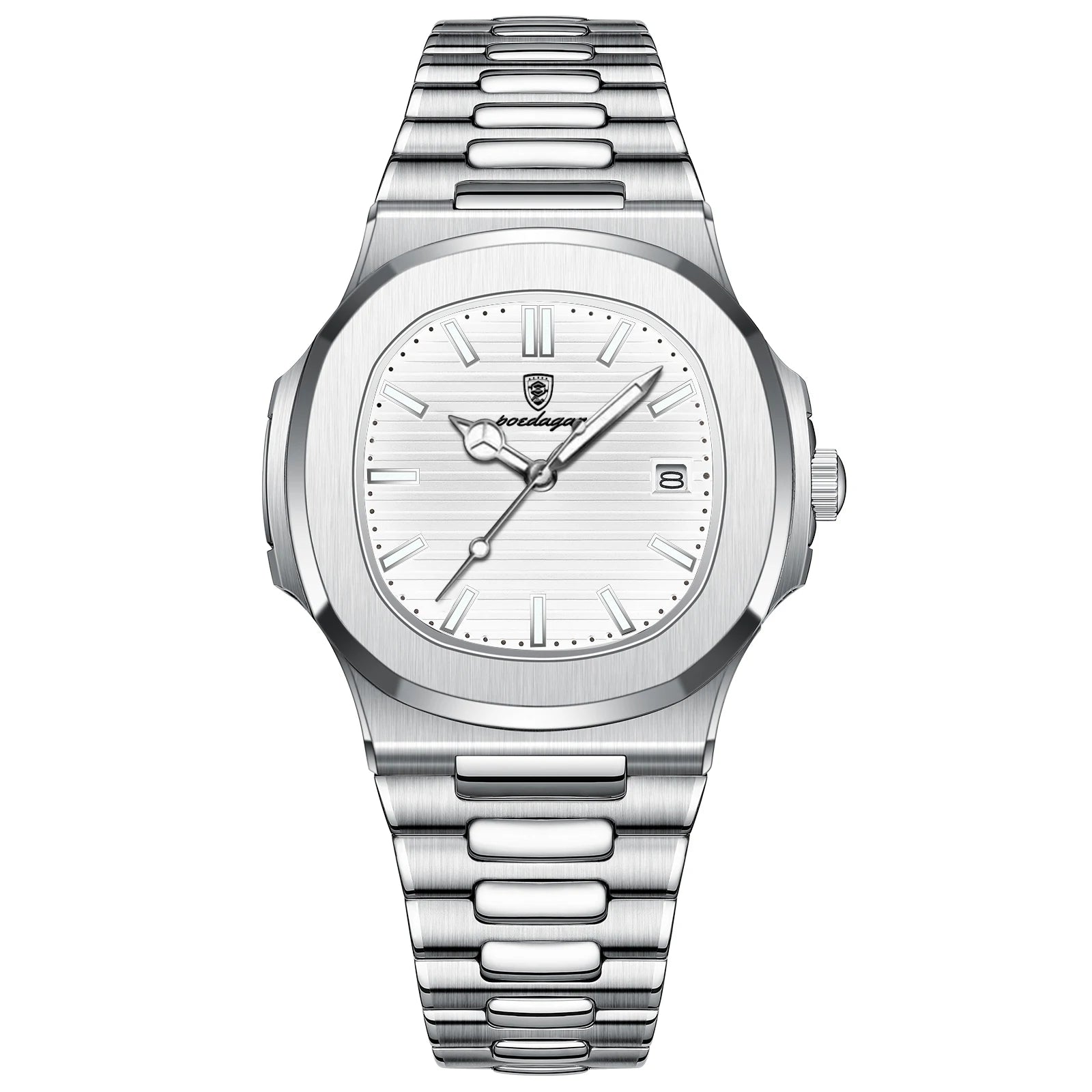 Square Luxury 40mm Montre Chronographe Carrée Homme en acier inoxydable avec cadran blanc et bracelet élégant.